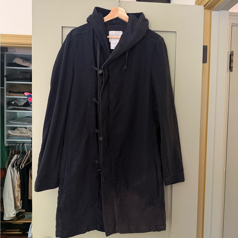 Stephan Schneider Men's Black Hooded Coat with Horn Clasps Dark Navy